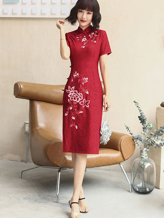 Embroidered Red Lace Midi Modern Cheongsam Qi Pao Dress