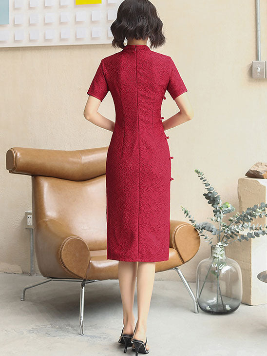 Embroidered Red Lace Midi Modern Cheongsam Qi Pao Dress