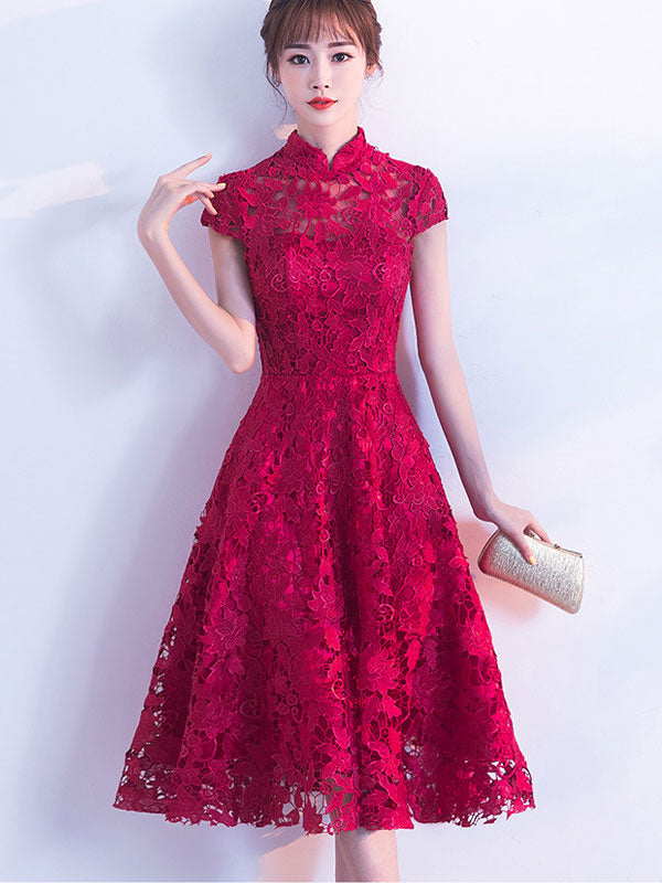 Red Lace Fit & Flare Cheongsam Qi Pao Prom Dress