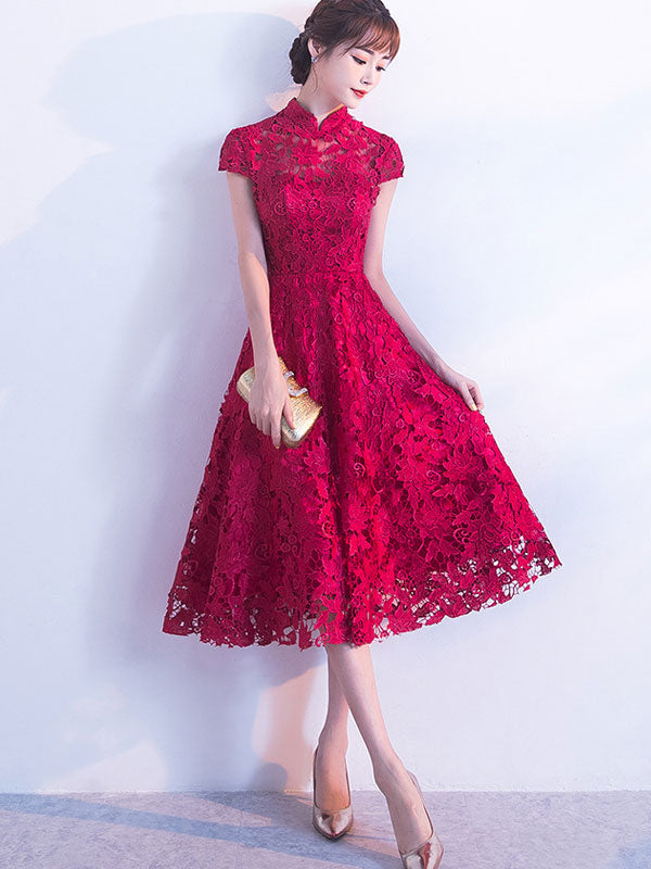 Red Lace Fit & Flare Cheongsam Qi Pao Prom Dress