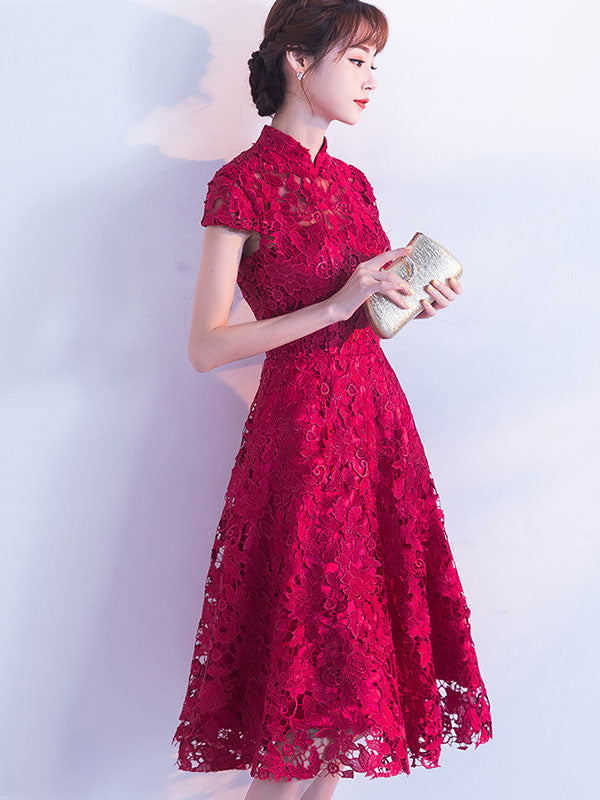 Red Lace Fit & Flare Cheongsam Qi Pao Prom Dress