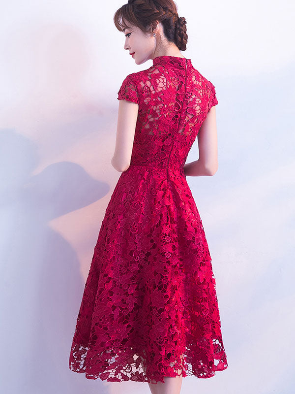 Red Lace Fit & Flare Cheongsam Qi Pao Prom Dress