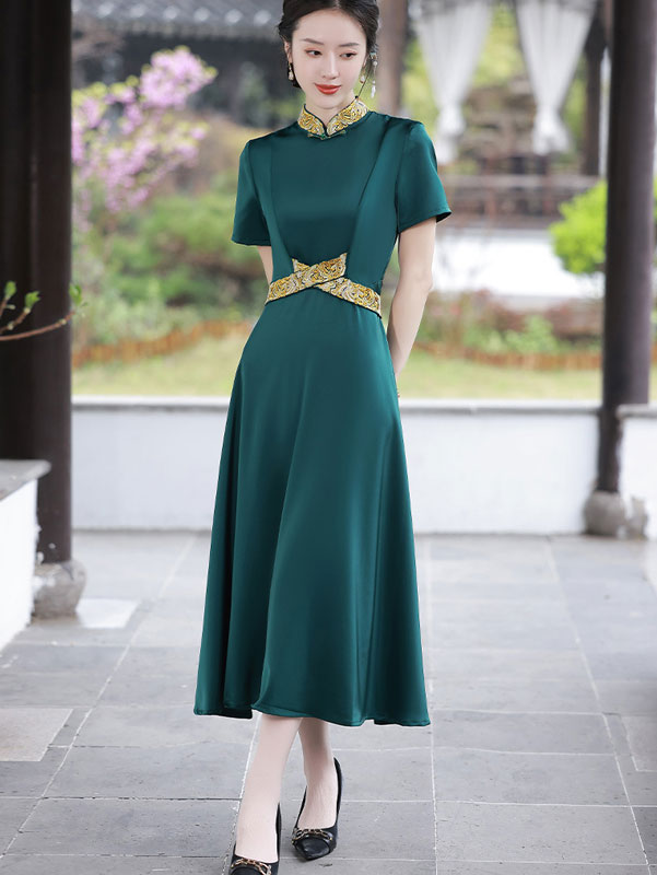 Green Black Belt Fit & Flare Maxi Cheongsam Qi Pao Dress