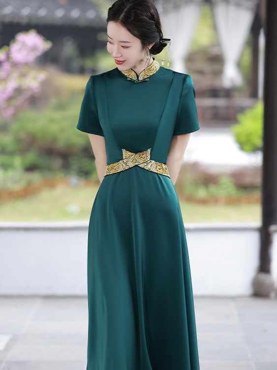 Green Black Belt Fit & Flare Maxi Cheongsam Qi Pao Dress