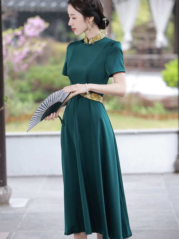 Green Black Belt Fit & Flare Maxi Cheongsam Qi Pao Dress