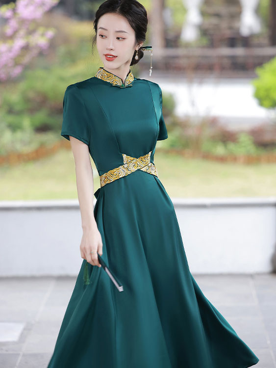Green Black Belt Fit & Flare Maxi Cheongsam Qi Pao Dress