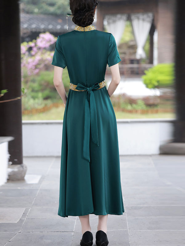 Green Black Belt Fit & Flare Maxi Cheongsam Qi Pao Dress