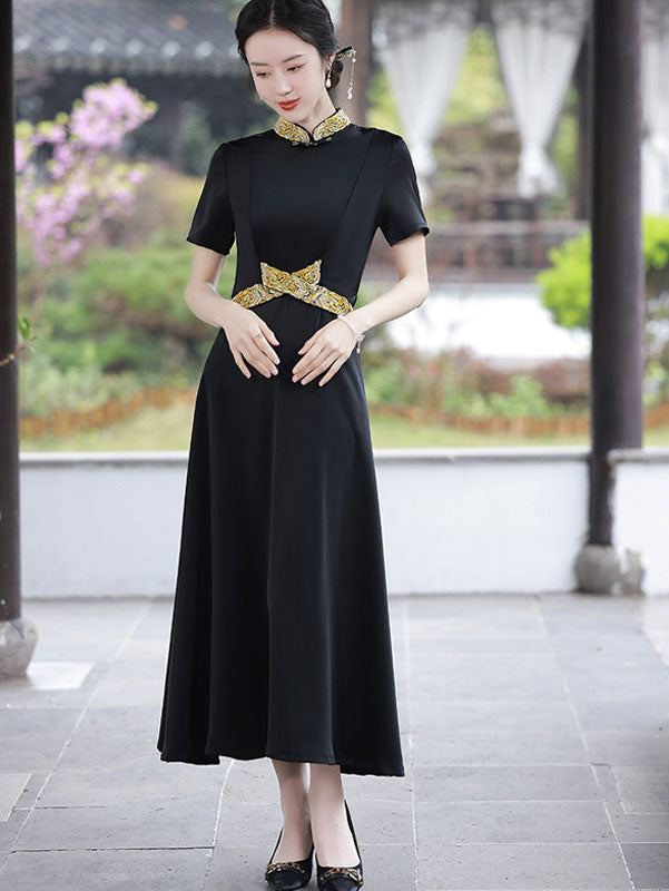 Green Black Belt Fit & Flare Maxi Cheongsam Qi Pao Dress