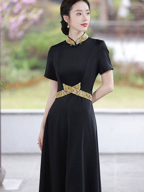 Green Black Belt Fit & Flare Maxi Cheongsam Qi Pao Dress