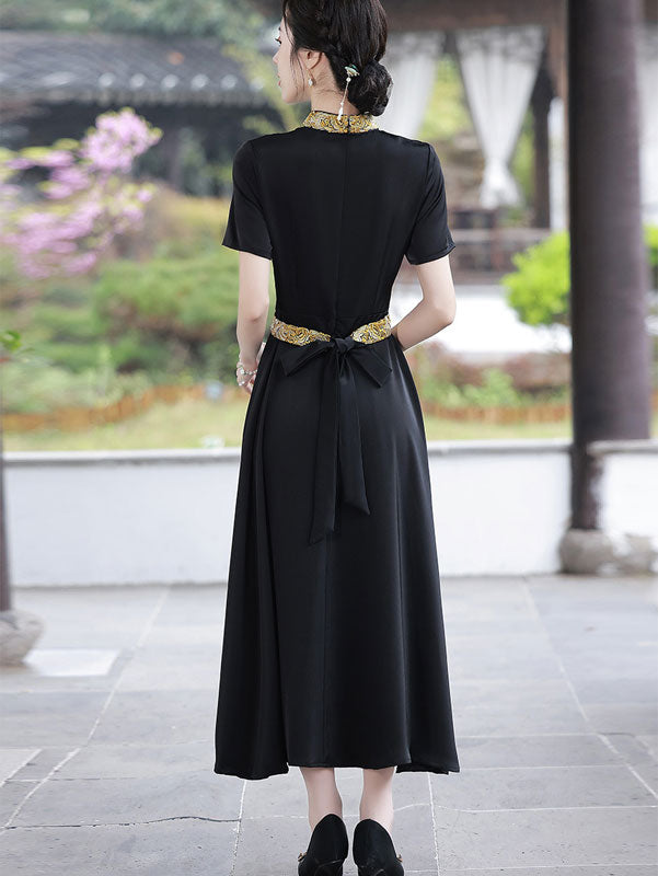 Green Black Belt Fit & Flare Maxi Cheongsam Qi Pao Dress