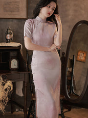 Pink Jacquard Maxi Cheongsam Qi Pao Dress