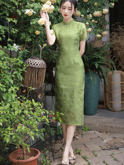 2022 Green Jacquard Midi Qi Pao Cheongsam Dress