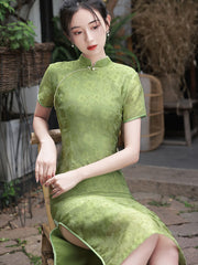 2022 Green Jacquard Midi Qi Pao Cheongsam Dress