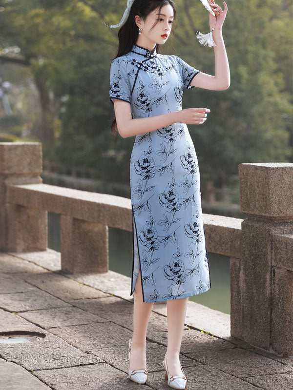 Blue Rose Print Midi Tea Qi Pao Cheongsam Dress