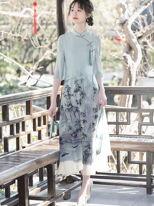 White Green Bamboo Print A-Line Cheongsam Qi Pao Dress