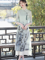 White Green Bamboo Print A-Line Cheongsam Qi Pao Dress