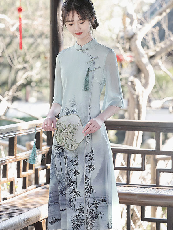 White Green Bamboo Print A-Line Cheongsam Qi Pao Dress