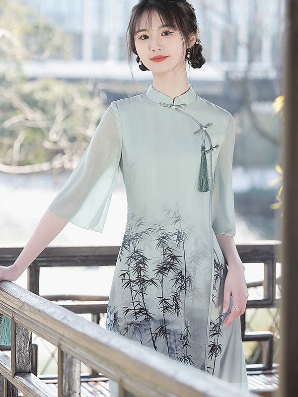 White Green Bamboo Print A-Line Cheongsam Qi Pao Dress