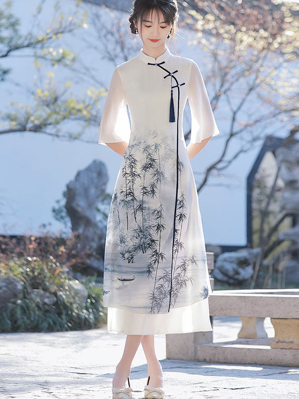 White Green Bamboo Print A-Line Cheongsam Qi Pao Dress