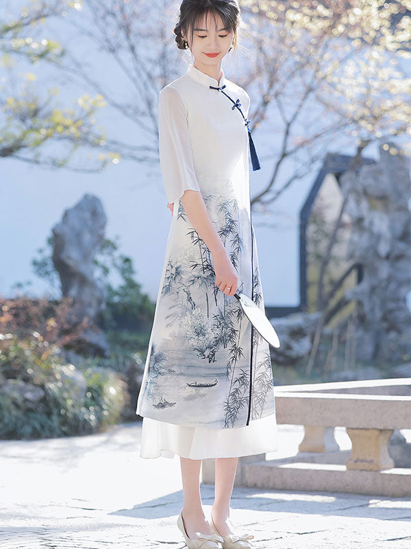 White Green Bamboo Print A-Line Cheongsam Qi Pao Dress