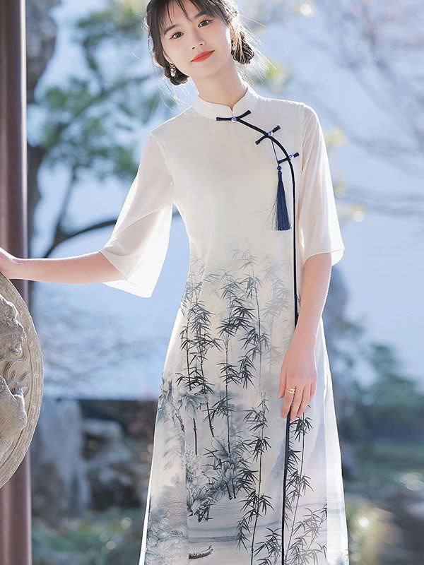 White Green Bamboo Print A-Line Cheongsam Qi Pao Dress