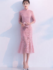 Pink Floral Lace Fishtail Tea Cheongsam Qi Pao Dress