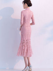 Pink Floral Lace Fishtail Tea Cheongsam Qi Pao Dress