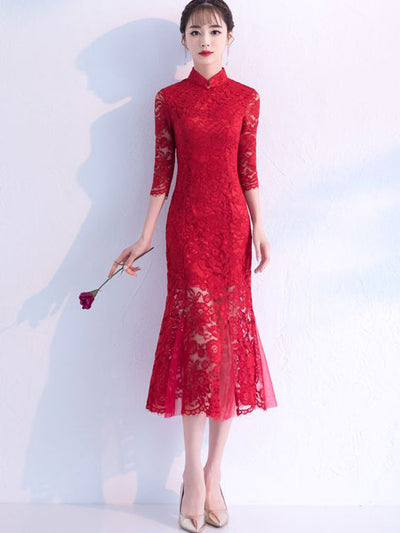 Black Burgundy Lace Fishtail Tea Cheongsam Qi Pao Dress