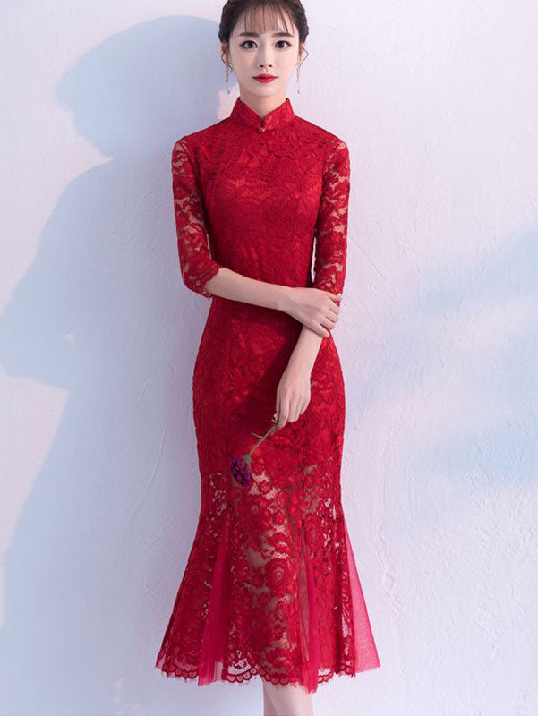 Black Burgundy Lace Fishtail Tea Cheongsam Qi Pao Dress