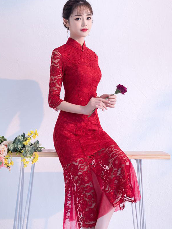 Black Burgundy Lace Fishtail Tea Cheongsam Qi Pao Dress
