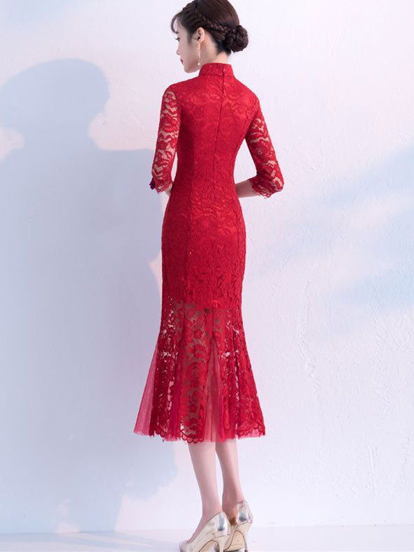 Black Burgundy Lace Fishtail Tea Cheongsam Qi Pao Dress