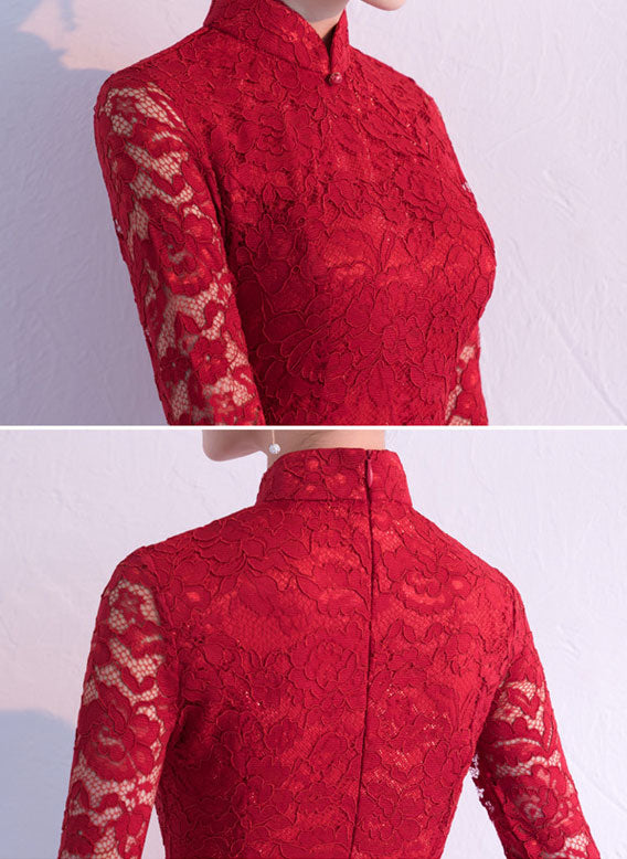 Black Burgundy Lace Fishtail Tea Cheongsam Qi Pao Dress