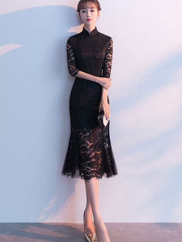 Black Burgundy Lace Fishtail Tea Cheongsam Qi Pao Dress