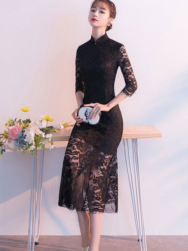 Black Burgundy Lace Fishtail Tea Cheongsam Qi Pao Dress