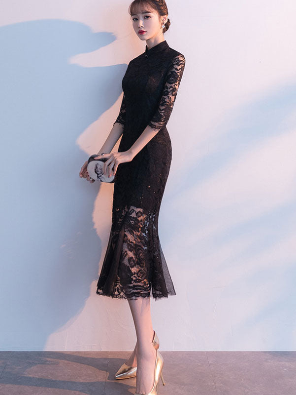 Black Burgundy Lace Fishtail Tea Cheongsam Qi Pao Dress