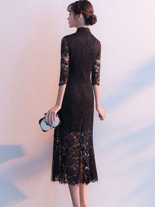 Black Burgundy Lace Fishtail Tea Cheongsam Qi Pao Dress