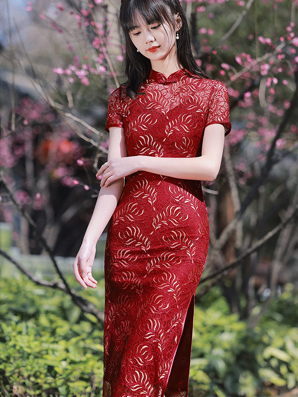 Green Red Illusion Floral Lace Cheongsam Qi Pao Dress
