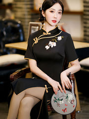 Green Black Mothers Embroidered Mid Tea Cheongsam Qi Pao Dress