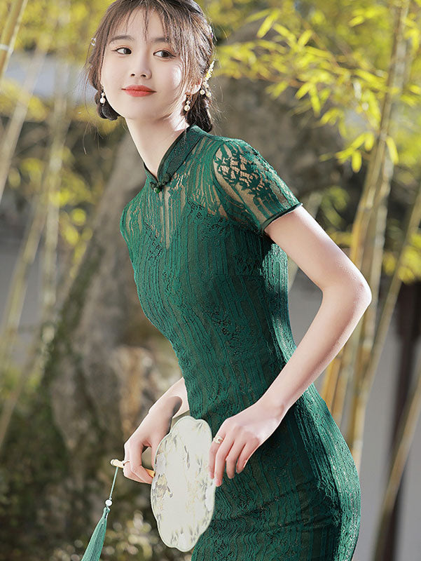 Green Red Illusion Floral Lace Cheongsam Qi Pao Dress