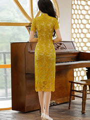Yellow Green Floral Lace Mid Cheongsam Qi Pao Dress