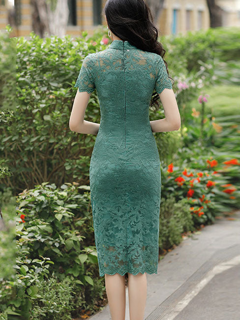 Yellow Green Floral Lace Mid Cheongsam Qi Pao Dress
