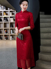 Red Bridal Mother's Sequined A-Line Cheongsam Qi Pao Dress