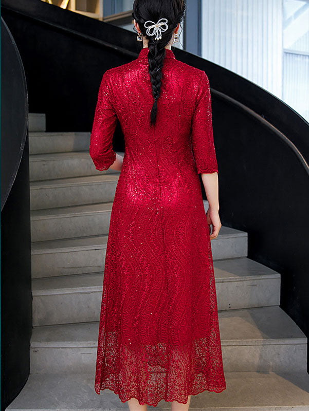 Red Bridal Mother's Sequined A-Line Cheongsam Qi Pao Dress