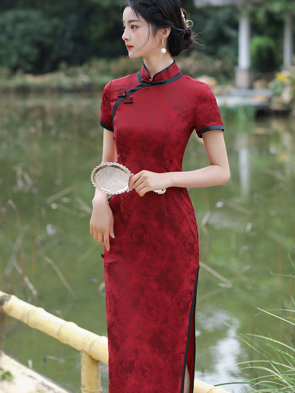 2022 Red Jacquard Maxi Cheongsam Qi Pao Dress