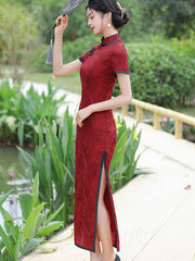 2022 Red Jacquard Maxi Cheongsam Qi Pao Dress