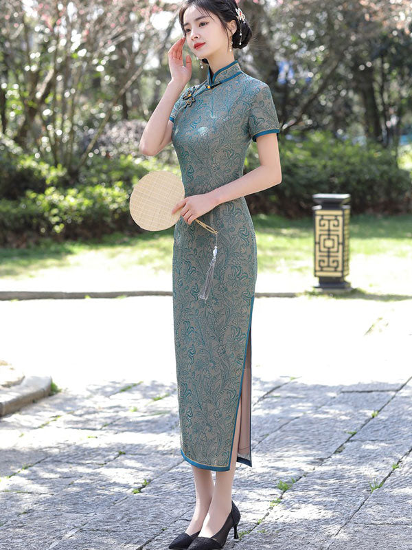2026 Blue Jacquard Maxi Cheongsam Qi Pao Dress - IMALLURE 4XL 2026 Blue Jacquard Maxi Cheongsam Qi Pao Dress - IMALLURE 4XL