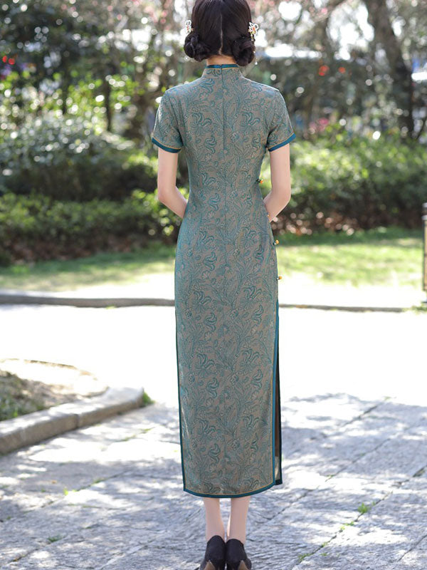 2022 Blue Jacquard Maxi Cheongsam Qi Pao Dress