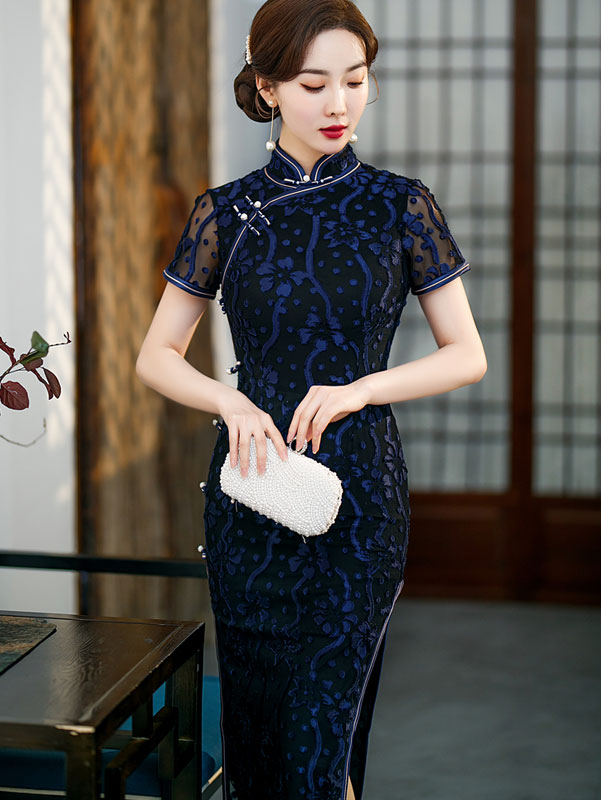 Blue Red Velvet Mothers Max Cheongsam Qi Pao Dress