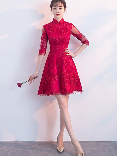 Red Lace Short A-Line Cheongsam Qi Pao Dress