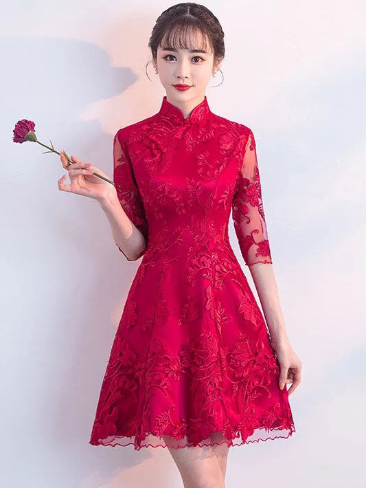 Red Lace Short A-Line Cheongsam Qi Pao Dress